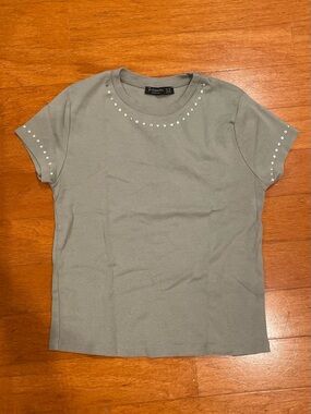 Stradivarius Sage Green Embellished Crewneck Tee